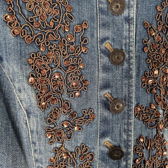Coldwater Creek Denim Jacket Women's Medium Petite Button Up Sequin Cotton Blend - Picture 4 of 8